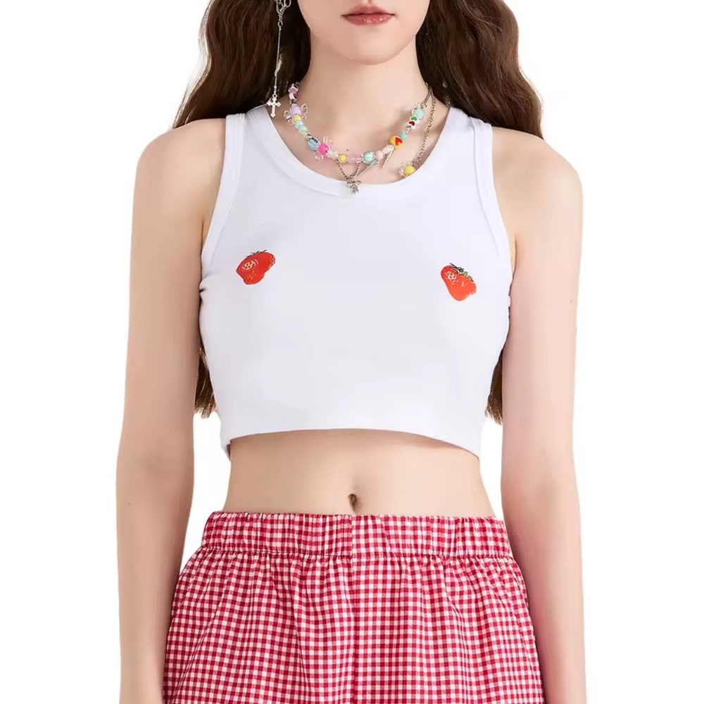 Strawberry Print sleeveless summer crop tank top